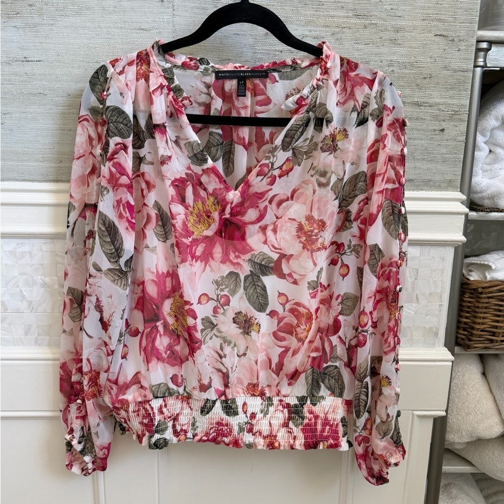 LP large petite White House WHBM sheer floral long-sleeve blouse pink white